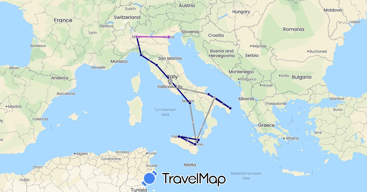 TravelMap itinerary: driving, plane, train in Italy (Europe)